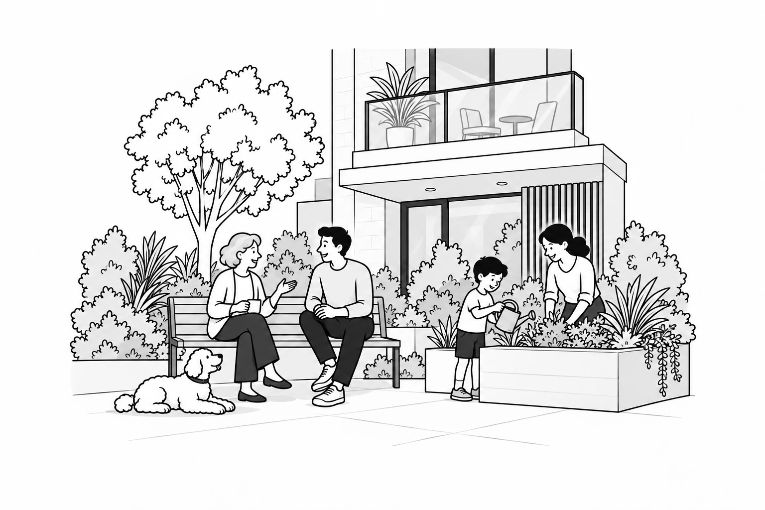 Neighbours sharing a conversation on a bench while a parent and child tend their communal garden, with a dog resting nearby.