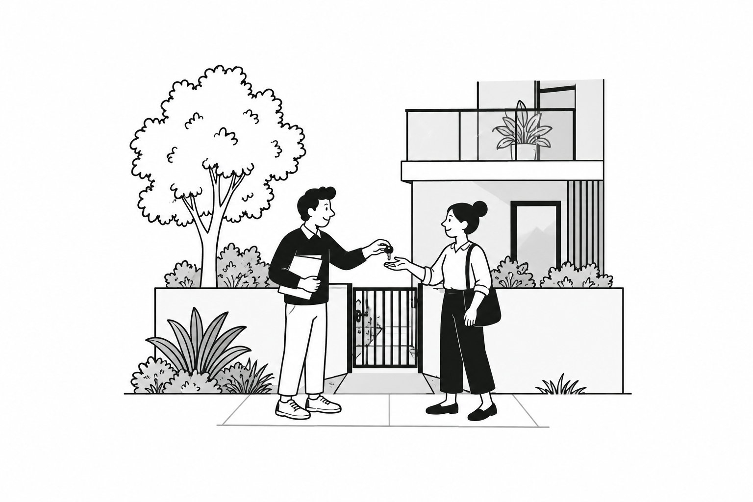 Two cartoon strata business owners share a key at an apartment garden gate.