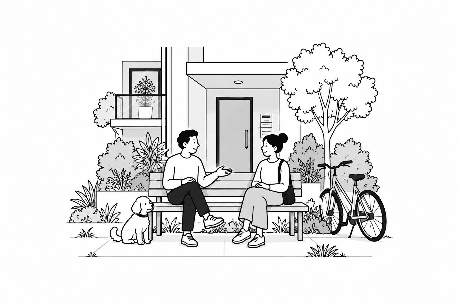 Two cartoon neighbours chat on a bench with a dog and a bicycle beside them.