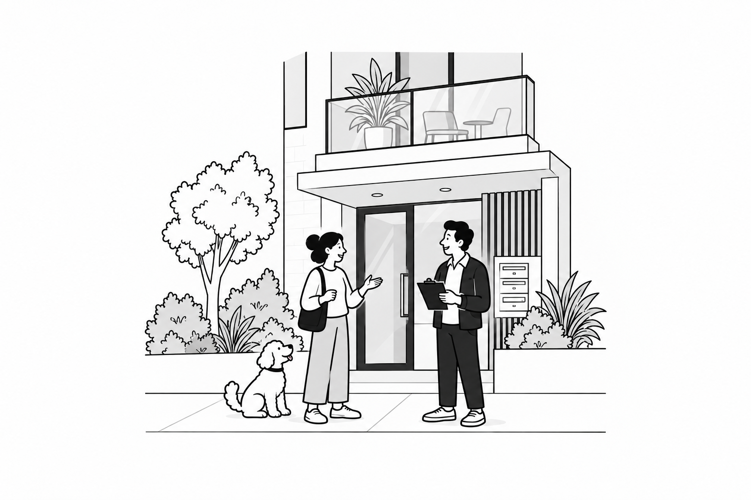 Cartoon neighbours and a friendly dog meet a strata manager outside their apartment building.