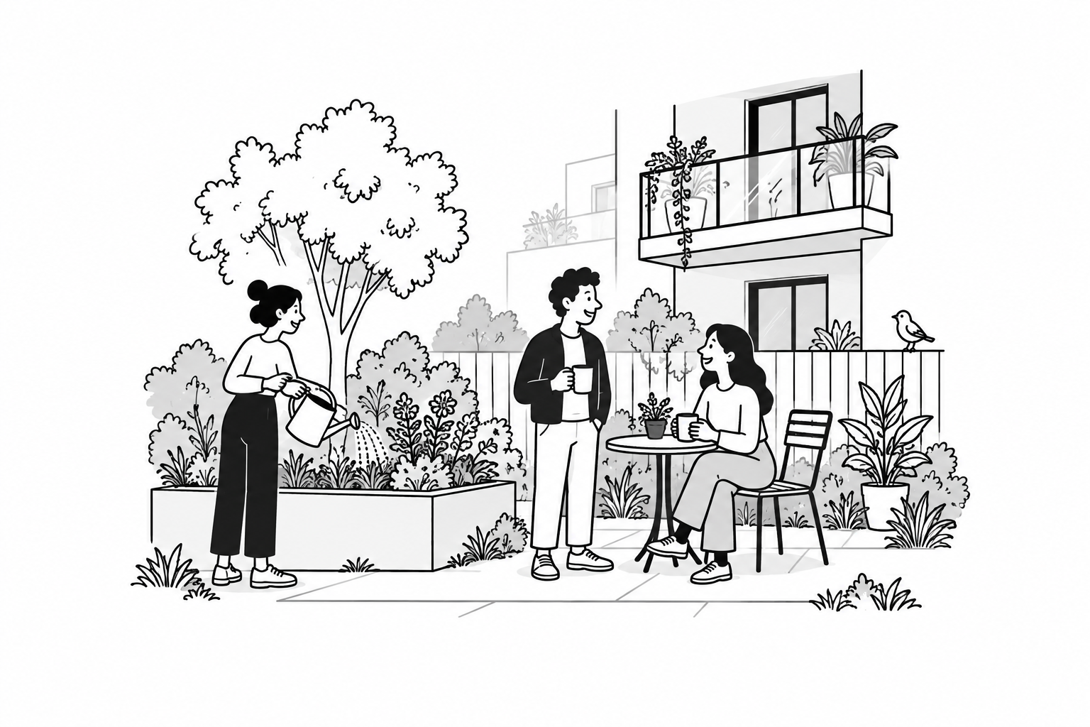 Cartoon neighbours chat and tend a shared courtyard garden, with a little bird nearby.